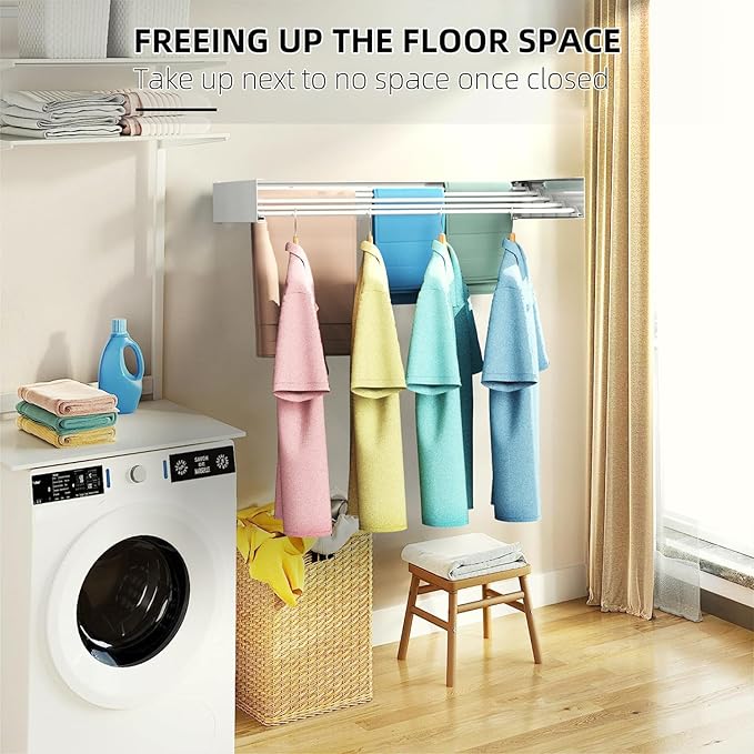 Laundry Drying Rack, Collapsible Wall Mounted Clothes Drying Rack - Drying Rack Clothing Foldable,Space Saving, 31" Wide, 13.2 Linear Ft, 5 Aluminum Rods, 60 lb Capacity (White, 31")