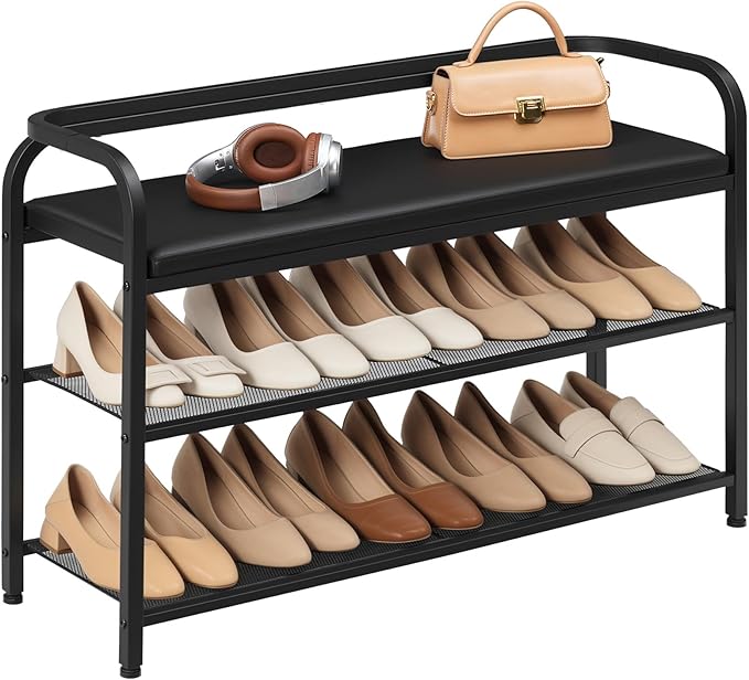Shoe Bench with Backrest, Entryway Bench, 2-Tier Shoe Rack with PU Padded Seat, Upholstered Shoe Storage Bench with Back, for Hallway, Entryway, Foyer, Bedroom, Black HX14BB