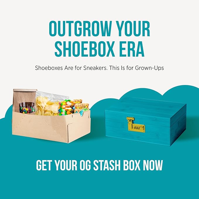 The OG Stash Storage Box - Large Bamboo Box with Combination Lock, Magnetic Lid, Organizer Tray, 3 Jars, Brush and Tube - Decorative Wooden Locked Storage Box with Accessories (Teal/Gold)
