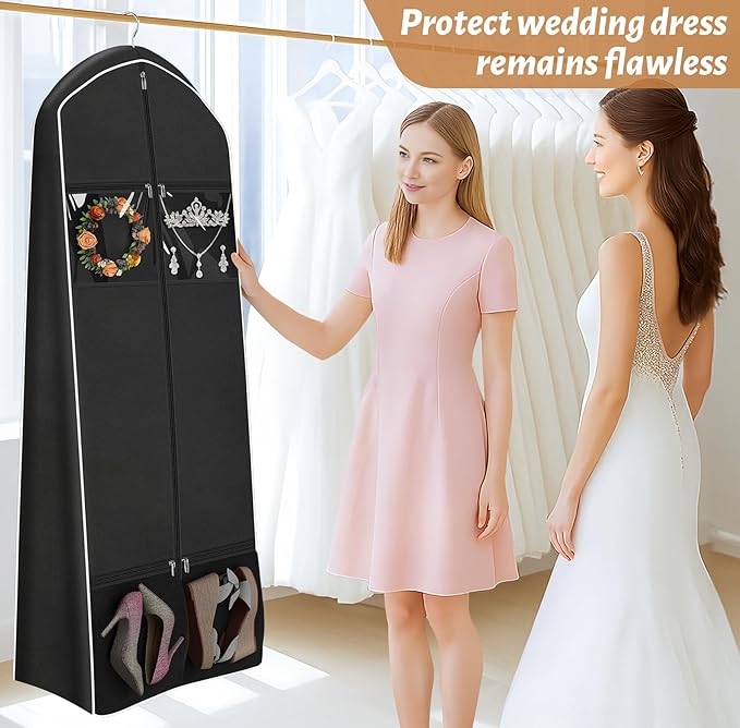 KEETDY Portable 70" Wedding Dress Garment Bag Travel with Bride Tote Bag 8'' Gusseted Hanging Dress Bags for Gowns 4 Pockets Long Dresses Storage for Women Clothes, Black