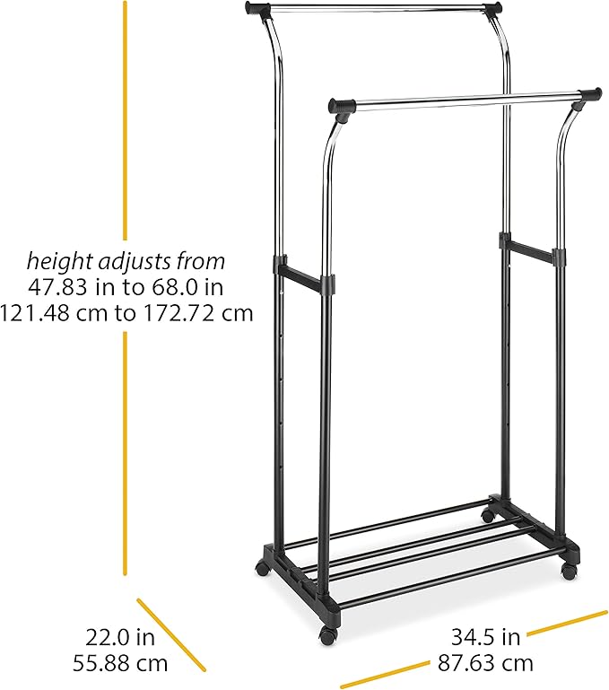 Whitmor Double Rods Clothes Rack, Rolling Clothing Rack for Hanging Clothes, Portable Wardrobe Rack, Adjustable Garment Rack with Wheels, Black & Silver