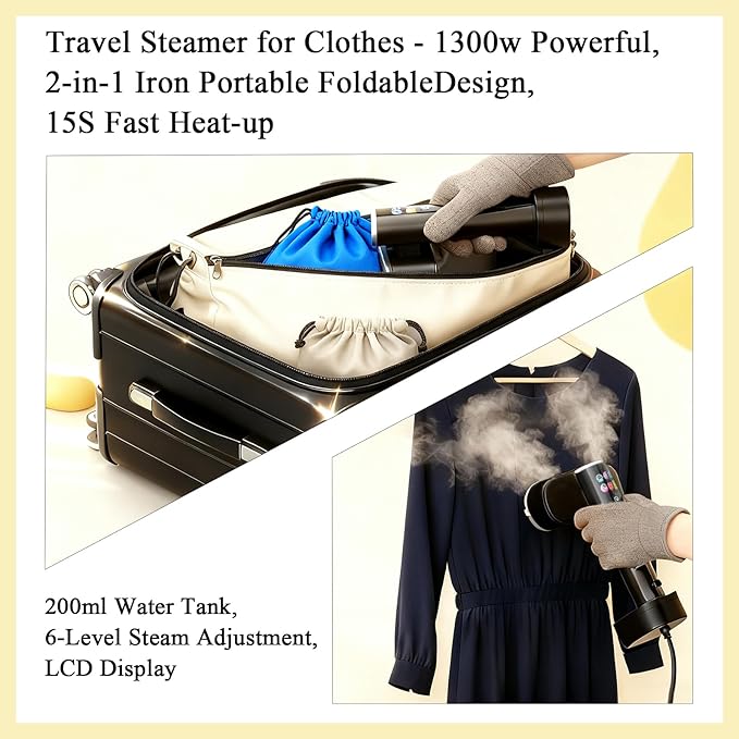 Travel Steamer for Clothes,Led Display with 6 Modes,1300W Powerful Garment Steamer,Clothes Steamer Handheld, Portable 2-in-1 Travel Iron for Clothes,200ml Lager Tank &15S Fast Heat-up for Travel Home
