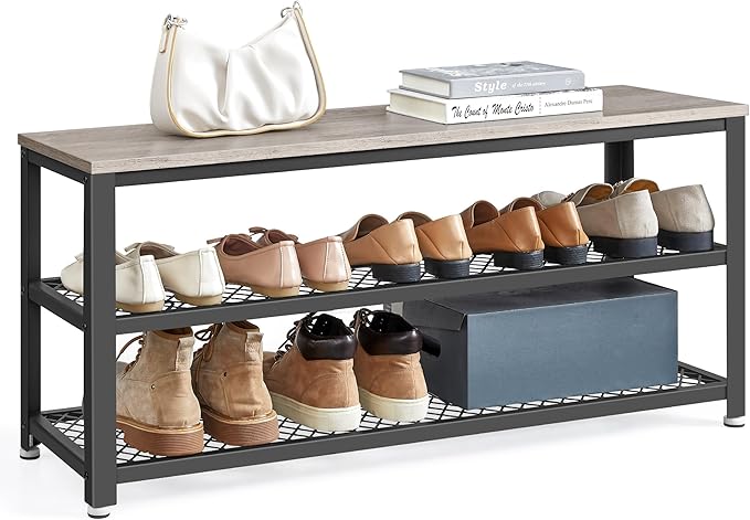VASAGLE 3-Tier Shoe Rack, Shelf Storage Bench with Metal Mesh Shelves and Seat, Free Standing Shoe Organizer for Entryway, 11.8 x 39.4 x 17.7 Inches, Greige and Black ULBS078K01