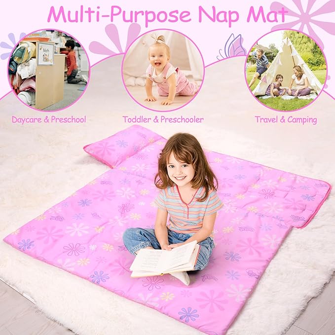 Unicorns Nap Mats for Preschool with Removable Pillow and Blanket Kids Sleeping Bag with Pillow Reinforced Stitching Machine-Washable, Soft Nap Mats for Daycare, Travel, Camping 53"x21"