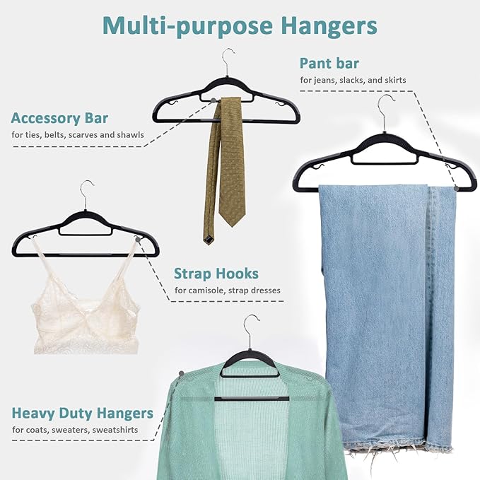 50 Pack Coat Hangers, Space-Saving, Non-Slip, Sturdy Heavy Duty Hangers for Suit, 0.2 Inches Slim Plastic Clothes Hangers, 360° Swivel Hook for Suit/Clothes, Black and Dark Gray