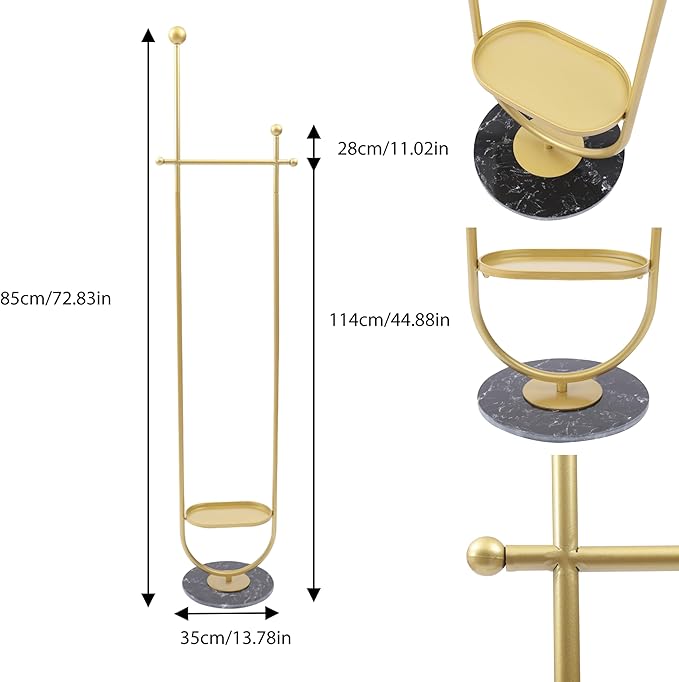 73in-Gold Clothing Garment Rack with Storage Shelf and Hat Hooks, Freestanding Coat Rack Stand Hanging Clothes, Bags, Hat for Entryway Bedroom Organizer Clothing Stores Boutique Retail