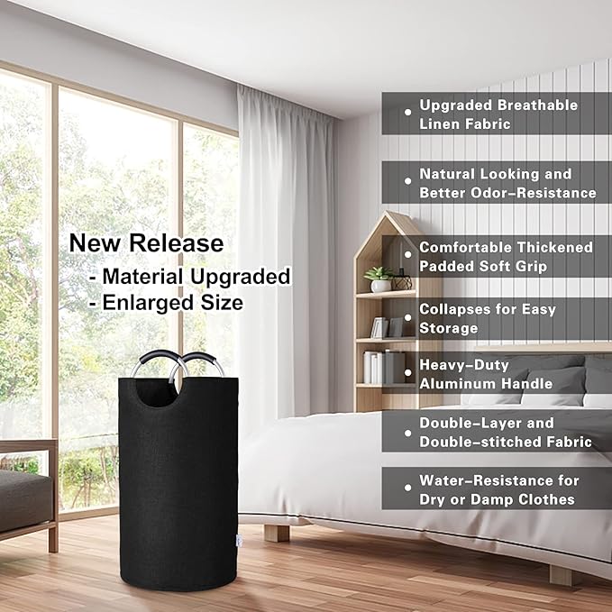 Heavy Duty Laundry Hamper Bag Collapsible, Tall Laundry Basket with Sturdy Handles, Fabric Dirty Clothes Bin for Laundry, College Dorm, Boys, Man, Durable Two-Layer – 90L Black