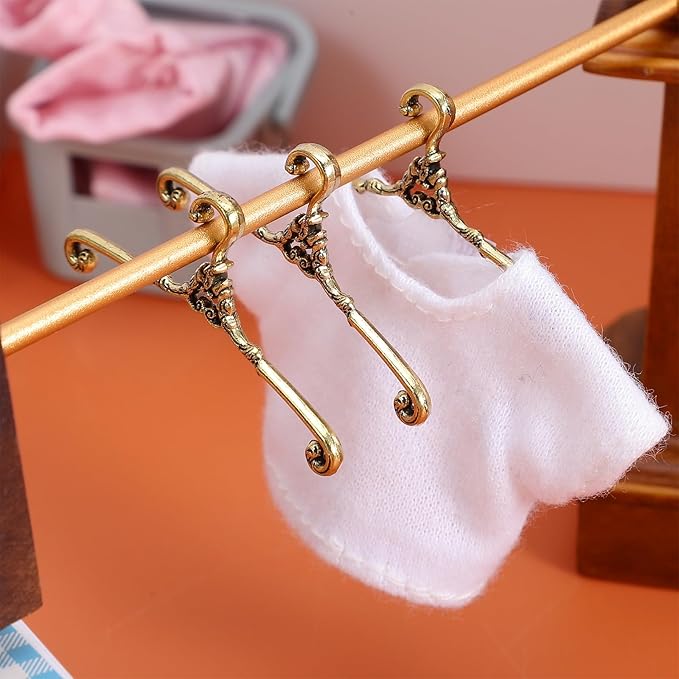24Pcs Mini Clothes Hangers Metal Wire Doll Clothes Hangers for Dollhouse Wardrobe Golden 1.6 Inch Organize Doll Outfits and Display Accessories