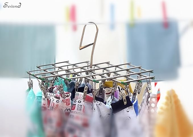 Seven Stainless Steel Socks Drying Rack with 35 Clips, Rustproof Clothes Hanger Washing Line Windproof Hanging Dryer for Socks Underwear Towels Scarves Shirts Etc.