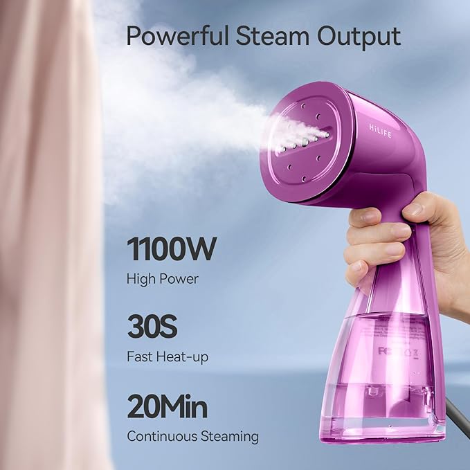 HiLIFE Steamer for Clothes, Handheld Portable Design, 1100W Powerful Steam, 300ml Larger Tank & No Leak Tech, 30S Fast Heat-up, Quick Wrinkle Remover, Compact Size for Travel, ONLY 120V-Orchid Purple