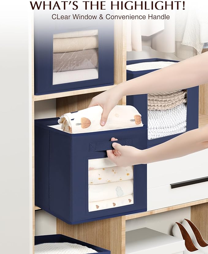 Storage Cube 11 Inch - Cube Storage Bins with Window, Closet Storage Baskets with Handle, Fabric Bins for Closet, Shelves, Toys, Clothes, Set of 10, Navy Blue