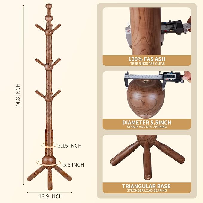 Wooden Coat Rack Stand, 100% Natural FAS Ash Wood Coat Rack Freestanding, Coat Racks with Stable Sphere Triangle Base,Classic Coat Racks with 9 Hooks, Wood Entryway Coat Hall Tree Hanger Stand