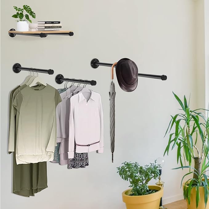 6 Pcs Industrial Pipe Clothes Bar 12 Inch Rustic Black Iron Pipe Clothing Rack Wall Mounted Garment Rack Holder Hanging Closet Rods for Bedroom Bathroom Boutique