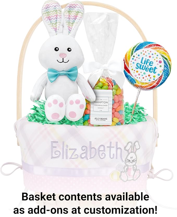 Let's Make Memories Personalized Easter Basket for Kids - For Boys - For Girls - Embroidered Name - Create Your Own - Fillable - Wicker - Easter Basket Stuffers - Small - Pink Bunny Applique