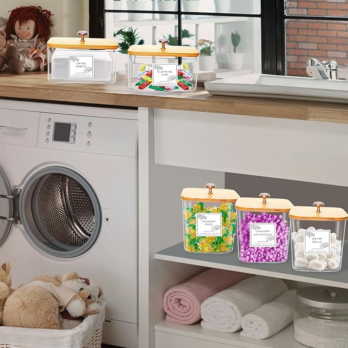 3 Pack Laundry Room Organization Storage Containers Acrylic Jars and Dryer Sheet Container with Lids and Labels for Laundry Detergent Laundry Pods Containers Dry Sheet Organizing