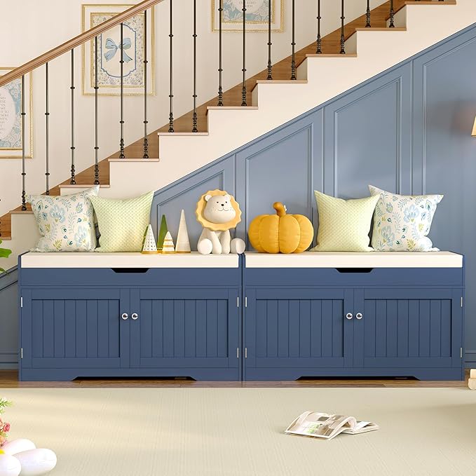 TEENFON 2-Tier Storage Bench, Shoe Bench with Adjustable Shelf & Lift Top Storage, Entryway Bench with Cushioned Seat,13.8"D x 36.2"W x 19.7"H, Shoe Organizer for Entryway, Living Room, Bedroom, Blue