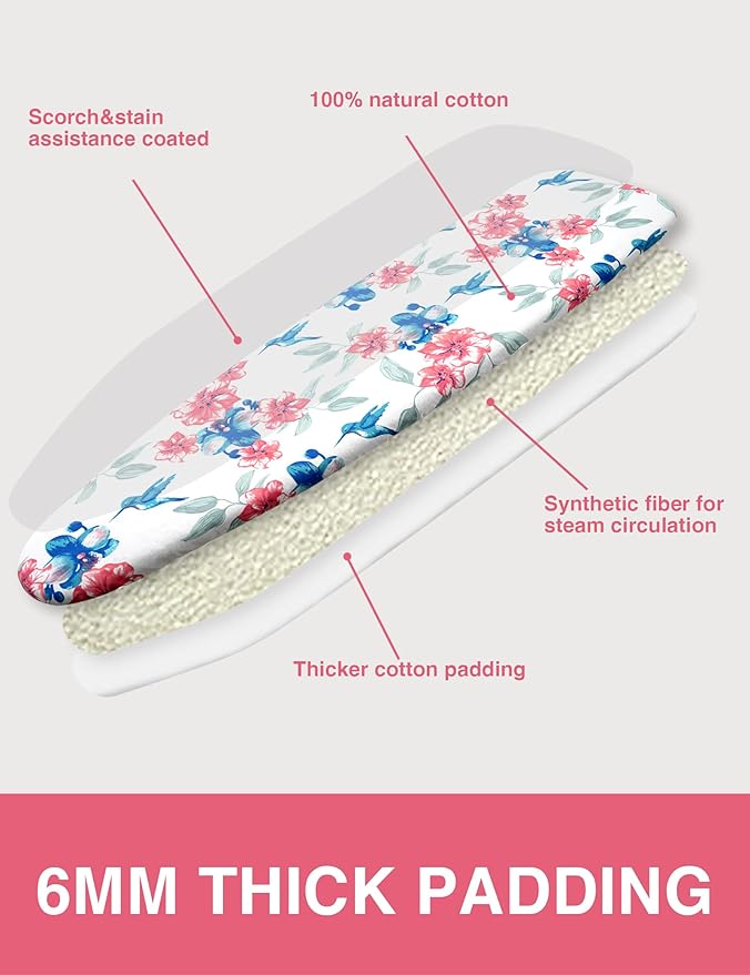 Ironing Board Cover and Pad 15"x54" Extra Thick Natural Cotton, Scorch and Stain Resistant Padding, Standard Size Iron Board Cover with Fasteners Heavy Duty Elastic Edge, Heatproof