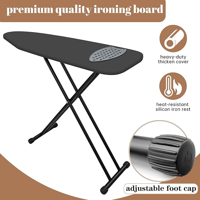 Ironing Board, Compact and Space Saver,Size 13 x 43, Metal Construction Ironing Boards with Extra Thick Heavy Duty Padded, Stable Structure,Skid Feet, Premium Iron Board (Black)