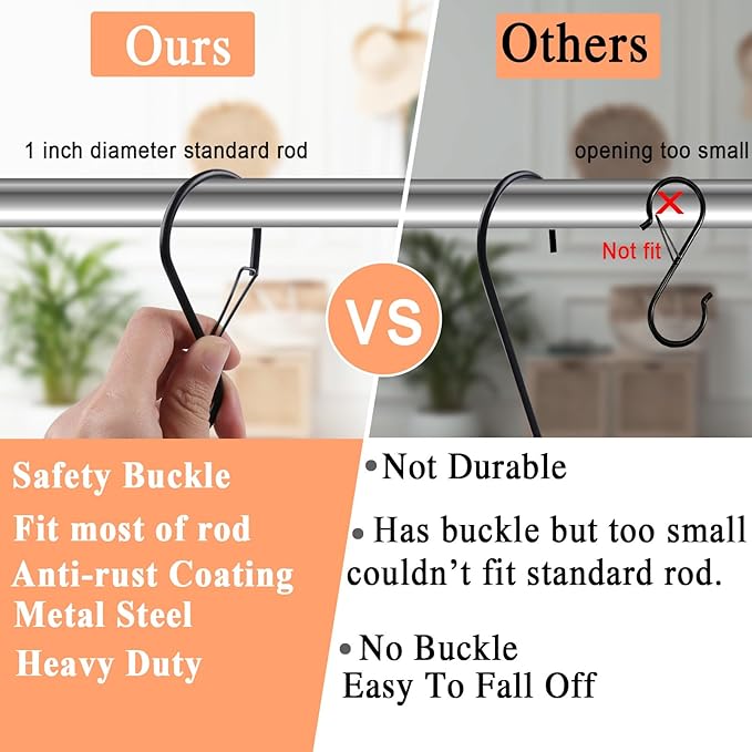 4 Inch Heavy Duty S Hooks for Hanging with Safety Buckle, 8 Pack Black Large Opening S Shaped Metal Hooks, Anti-Fall Utility Hooks for Kitchen Pots Pans, Plants, Closet, Jeans