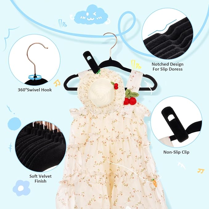 Velvet Baby Hangers 30 Pack - 11 Inch Premium Felt Non Slip Kids Hanger for Infant Toddler Clothes - 0.2" Ultra Thin Baby Clothes Hangers for Children's Closet with 10 Hanger Clips - Black