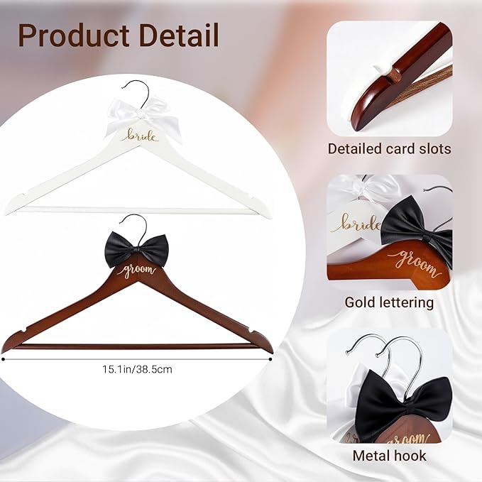 2 Pack Bride Hangers, Wedding Hanger, Bridal Hanger, Wooden Bride and Groom Wedding Dress Hangers with Attached Bow Tie, Bridal Shower Gifts, Bridal Tuxedo Suit Wedding Gift for Couples