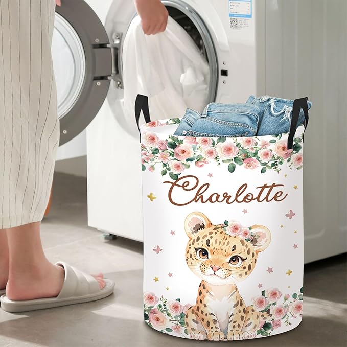 Custom Baby Girl Laundry Basket for Nursery, Personalized Name Pink Lion Baby Laundry Hamper with Handles, Customize Baby Clothes Hamper for Toddler Girls Adults 2 Sizes