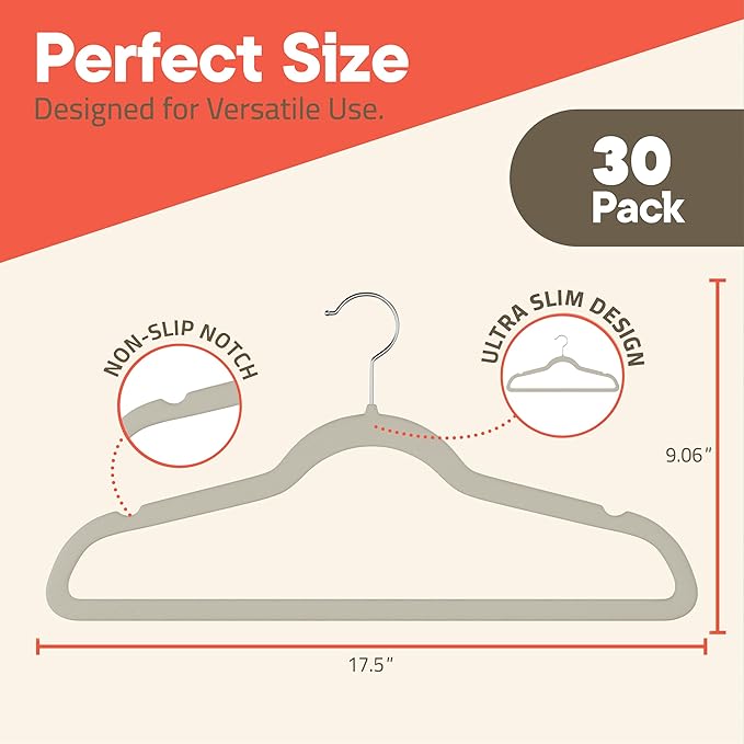 Ivory Velvet Hangers 30 Pack – 360° Swivel Hook, Non-Slip and Space Saving Hangers, Heavy-Duty 11 lbs Weight Capacity - Smooth Velvet Finish for Crease-Free Clothes and Effortless Closet Organization