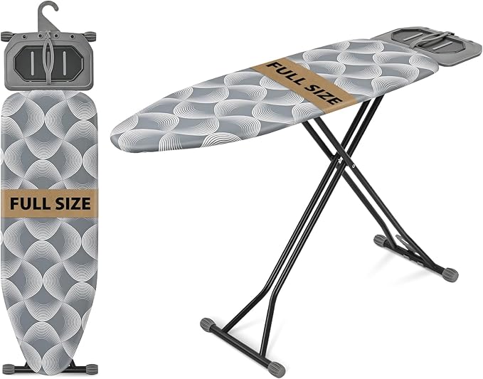 KINGBOARD Ironing Board, Metal Panel Iron Board Full Size with Iron Rest, Compact Iron Board with 7 Height Adjustable, Heavy Duty Folding Iron Stand with Hanger, 15x45 Grey
