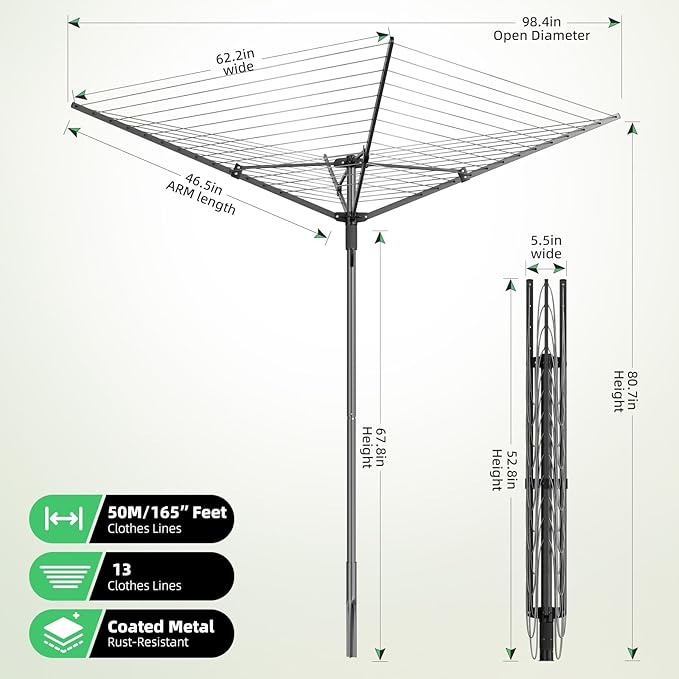 BAKON Outdoor Umbrella Clothes Drying Rack, Steel Four Arm Outdoor Clothes Drying Rack, 13 Rows of Clothes line Outdoors, Height Adjustable, Includes 40 Clothespins and Dust Cover.