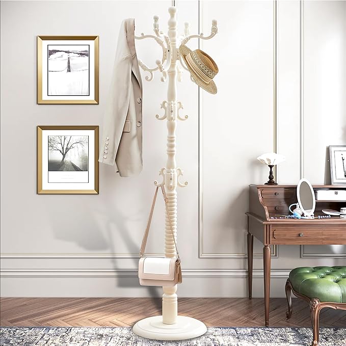 Free Standing Coat Rack with 14 Hooks, Vintage Wooden Coat Tree, Adjustable Height 73 Inches, Retro Coat Stand for Entryway, Living Room, Office & Bedroom (Retro White, 1 PCS)