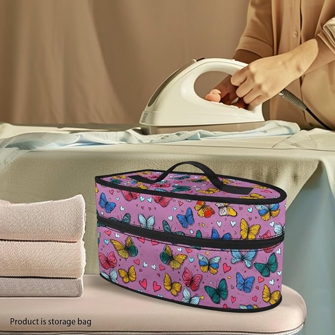 Purple Butterfly Heart Print Steam Iron Case Portable Travel Iron Organizer Handheld Steamer Holder with Handle Waterproof Travel Accessories, Case Only
