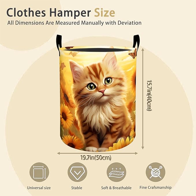 Sunflower Kitten Laundry Basket Hamper for Boys Girls Kids Adults, Foldable Waterproof Oxford Clothes Storage Bin, Cat Organizer for Bedroom Bathroom Room Decor 19.7"x15.8"