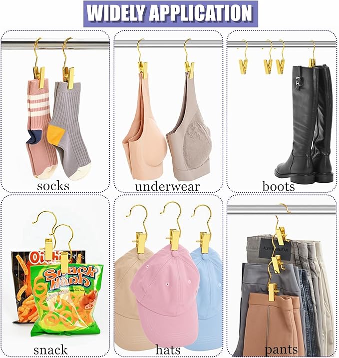 Amber Home 24 Pack Gold Boot Clips for Closet, Gold Boot Hangers with Hooks, Laundry Hooks, Clothes Pins, Portable Home Travel Hangers for Hat, Towels, Bras, Socks