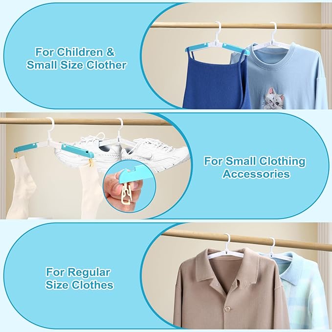 Foldable Travel Hangers for Cruise, 6 Pack Portable Collapsible Hangers with Clips, Folding & Space-Saving Suitcase Hangers for Travel, (Blue-White)