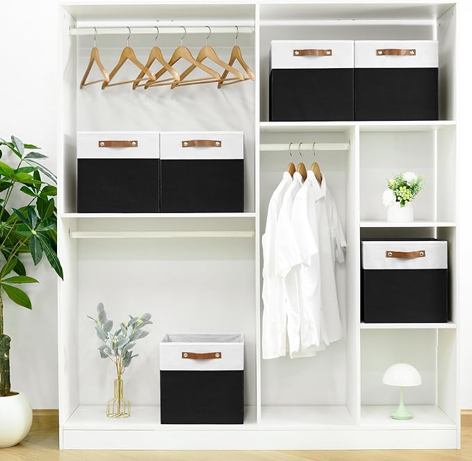 6-Pack Storage Cubes with Handles & Label Holders Basket, Closet Cube Home Organizer Bins(White/Black, 13 x 13 x 13 inch)