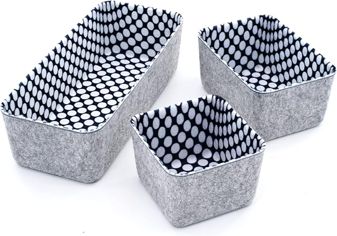 Welaxy Deep Desk Drawer Organizer Bins with Modern Pattern Home Office Storage Bin Sturdy Small Sharrow Cozy Cubby Organize Box Gifts idea 3-Piece (polka dot )
