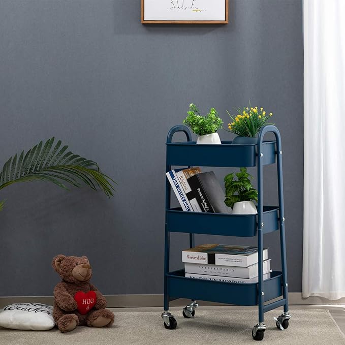 AGTEK 3 Tier Utility Rolling Cart with Lockable Wheels, Metal Multifunctional Storage, Organizer Cart for Kitchen, Office, Living Room, Makeup, Craft, Art Studio,Navy Blue