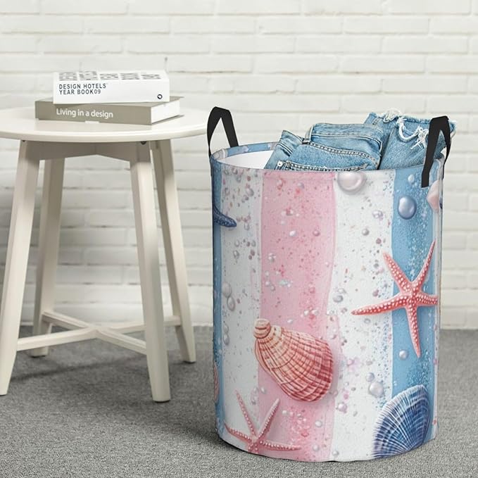 Ocean Seashell And Starfish Print Laundry Basket For Storage Bins Gift Baskets Bedroom Clothes Hamper