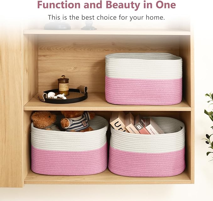 Cotton Rope Shelf Storage Basket, 15x10x9 in, Shelf Storage Baskets for Clothes, Towels, Books, Laundry (White/Pink, 1 Pack)