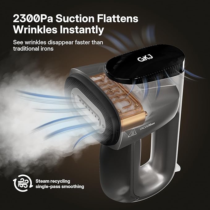 Vacuum Steamer for Clothes, GKJ Handheld Clothes Steamer, 2300Pa Suction Portable Travel Fabric and Garment Steamer, 2-in-1 Steamer & Iron, 118ml Water Tank (for 110-120V)