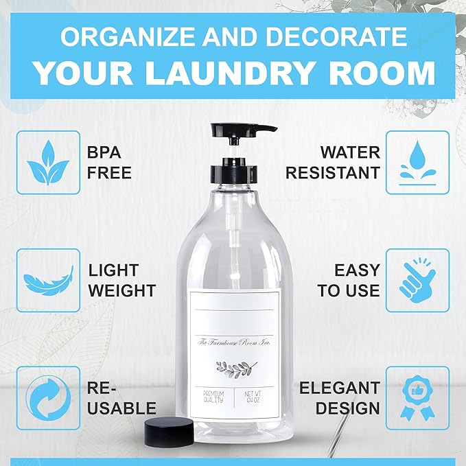 Soap Dispenser Bathroom - Pump Bottle Dispenser for Laundry Detergent Liquid - BPA Free & PET Plastic 1/2 Gallon Bottle with Waterproof Label for Household Products - 64oz