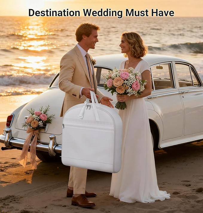 MISSLO 2-in-1 Wedding Dress Garment Bag 70" Dress Bags for Gowns Long with 5 Bride Accessories Pockets & Adjustable Handles Trifold Dresses Cover for Travel and Closet Storage, White