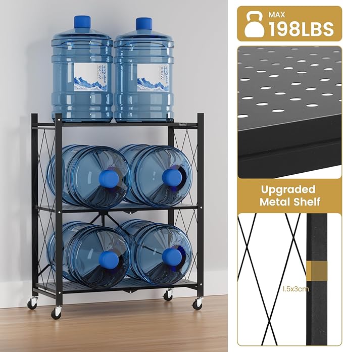 ALANNG Heavy Duty 3-Tier Folding Shelf with Wheels, No Tools Assembly Metal Storage Rack Cart for Kitchen, Pantry, Laundry Room, Garage, Black