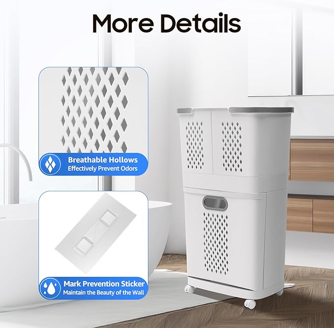 Rolling Laundry Cart, 2-Tier Laundry Hamper with Wheels, White 3 Storage Baskets Breathable Dirty Clothes Basket for Bathroom, Bedroom, Laundry Room