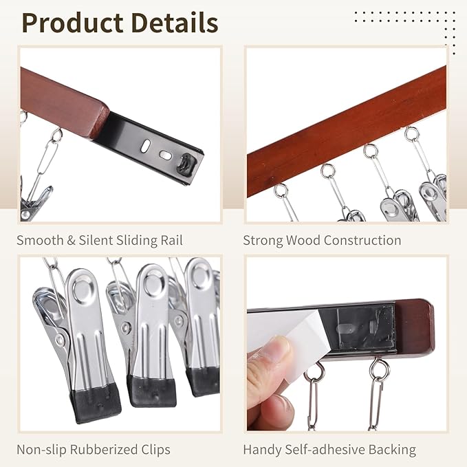 2 Pcs Slide-out Closet Valet Rods, Left & Right Pull-out Clip Hangers, Retractable Rail Belt Organizers with Non-slip Rubberized Clips, No-Drill Hanger Poles for Bra, Underwear, Belts