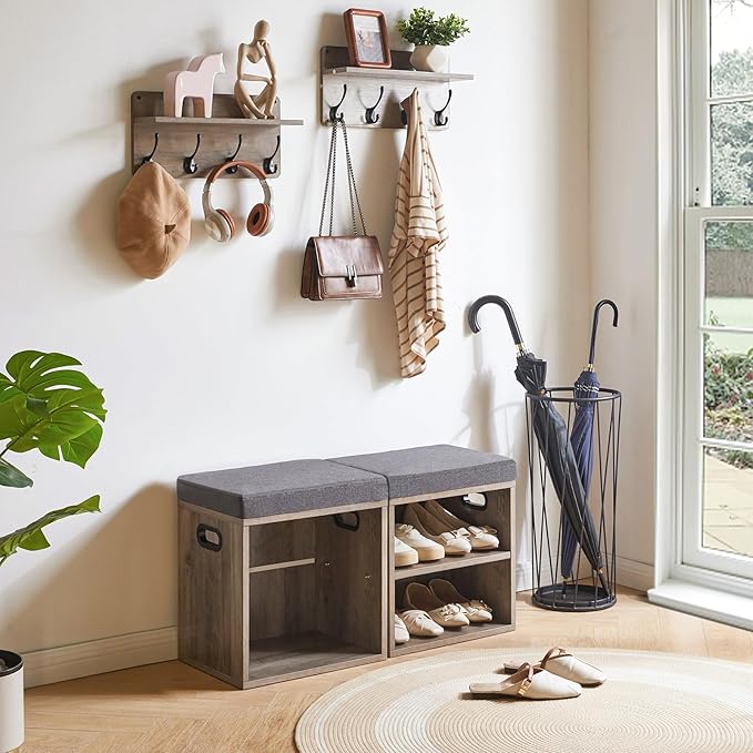 YMYNY Small Shoe Storage Bench with Cushion, 2 Tier Entryway Bench with Shoe Storage, Shoe Rack Bench for Entryway, Living Room, Hallway, Closet, Bedroom, 15.4L*11W*16.54H, Silver Gray UHBD028Y