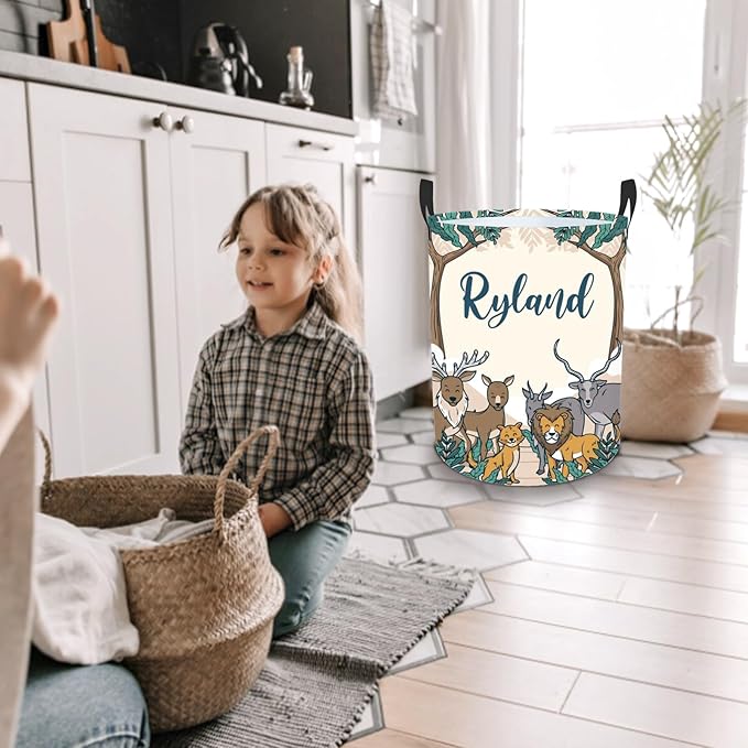 Personalized Baby Boys Laundry Hamper for Nursery, Custom Name Woodland Animals Laundry Baskets for Toddler Kids Adults, Personalized Gift Baby Name Laundry Hamper with Handles