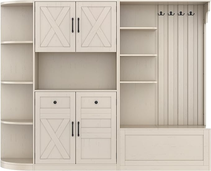 66" H Hall Tree with 4 Hooks, Open Shelving and Flip Hidden Shelf, Multifunctional Left-Right Combination Coat Rack (can be Used Separately), Entryway Bench for Living Room, Hallway (Beige/35)