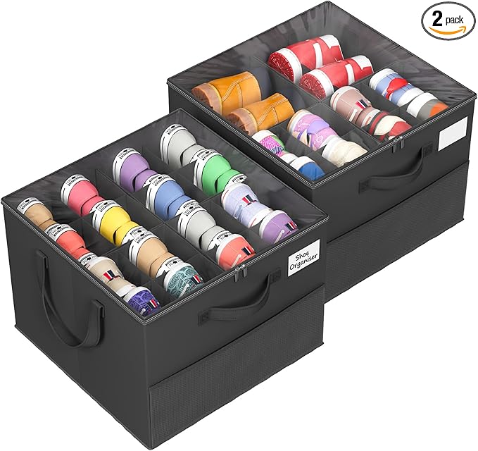2 Pack Shoe Organizer for Closet, Large Shoe Box Storage Containers, Foldable Shoe Storage Organizer Box Bin with Adjustable Dividers and Clear Cover, Space Saving Shoes Holder, Black