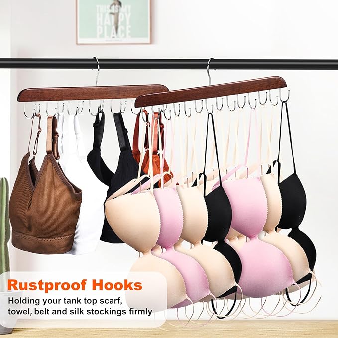 2 Pack Bra Hanger, Wooden Tank Top Hangers with 14 Foldable Hooks, Bra Hanger for Closet Organizer，Premium Wooden Space Saving Hangers Closet Organizers and Storage for Dorm & Apartment (Brown)